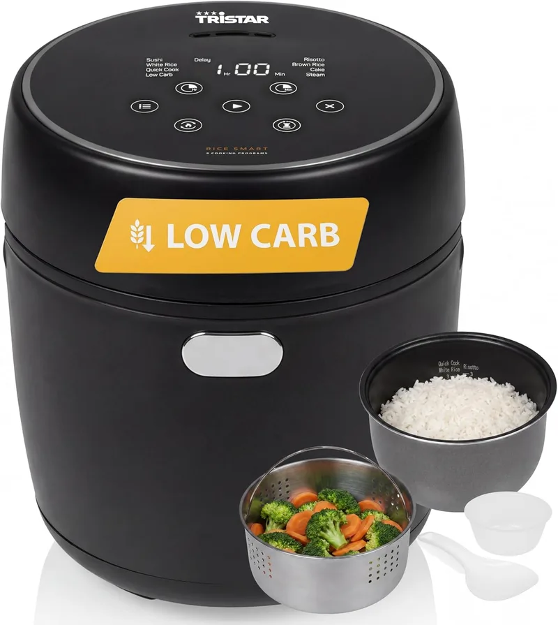 Tristar ▫️ Panela de Arroz Digital com Função Low Carb, 8 Programas Automáticos, Capacidade para 0,6 L de Arroz, Painel Digital, Fácil de Limpar, RK-6238