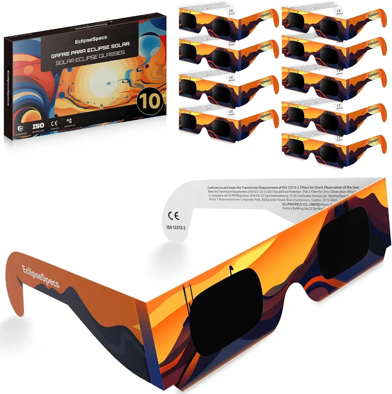 EclipseSpecs ▫️ Óculos para eclipse solar homologados, CE e EN ISO 12312-2 | EPI (UE) 2016/425 Cat. II | Proteção UV/IR | Cumpre 4/4 critérios OVAE | Adultos/Crianças | Embalagem de cartão | Embalagens de 3/5/10/25