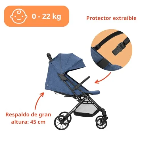 Nurse ▫️ Hit – Carrinho de bebé leve até 22 kg, dobrável de forma compacta com uma só mão, pega de transporte, encosto reclinável, capota extensível, azul 2