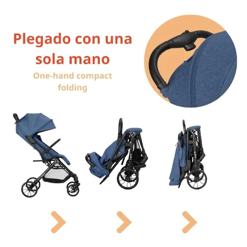 Nurse ▫️ Hit – Carrinho de bebé leve até 22 kg, dobrável de forma compacta com uma só mão, pega de transporte, encosto reclinável, capota extensível, azul 3