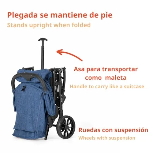 Nurse ▫️ Hit – Carrinho de bebé leve até 22 kg, dobrável de forma compacta com uma só mão, pega de transporte, encosto reclinável, capota extensível, azul 4