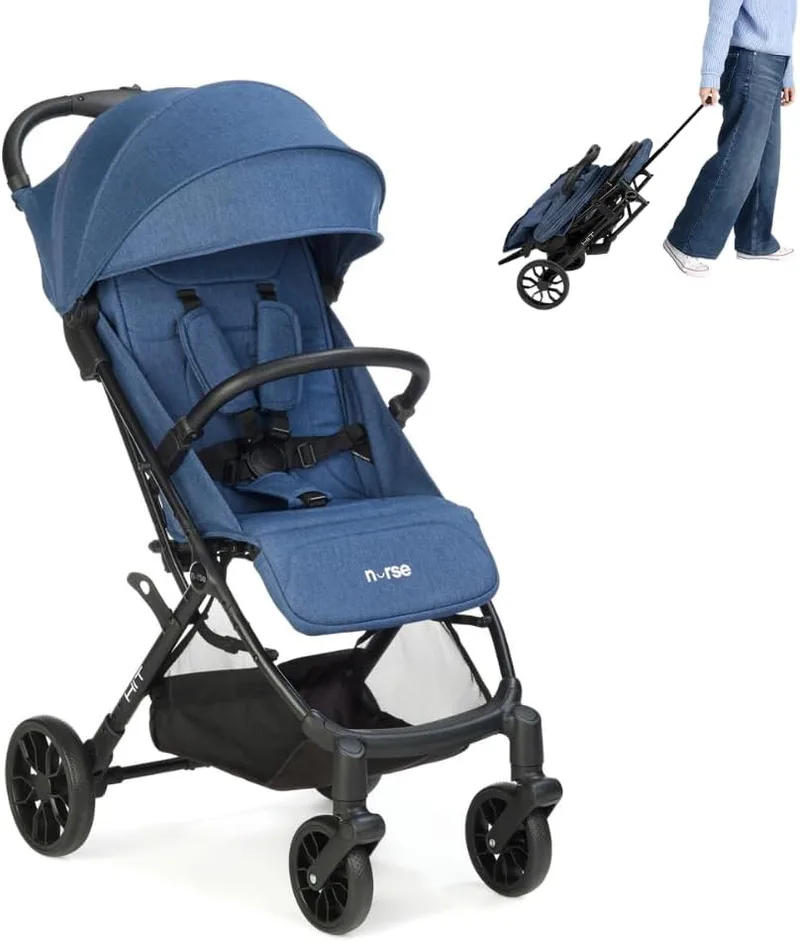 Nurse ▫️ Hit – Carrinho de bebé leve até 22 kg, dobrável de forma compacta com uma só mão, pega de transporte, encosto reclinável, capota extensível, azul