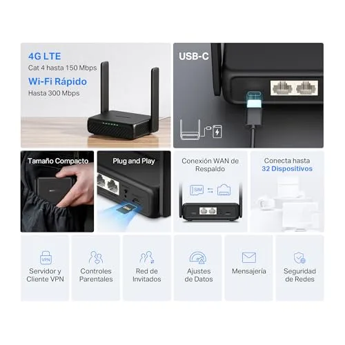 MERCUSYS ▫️ MB113-4G - Router 4G com cartão SIM, N300, Wi-Fi 4, powerbank USB-C e VPN 4