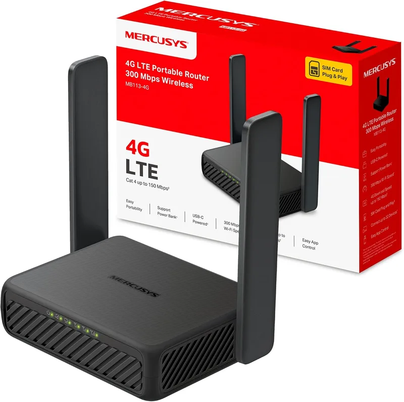MERCUSYS ▫️ MB113-4G - Router 4G com cartão SIM, N300, Wi-Fi 4, powerbank USB-C e VPN | Internet sem fibra em qualquer lugar. Basta inserir um cartão SIM e está pronto. Controlo parental. Aplicação