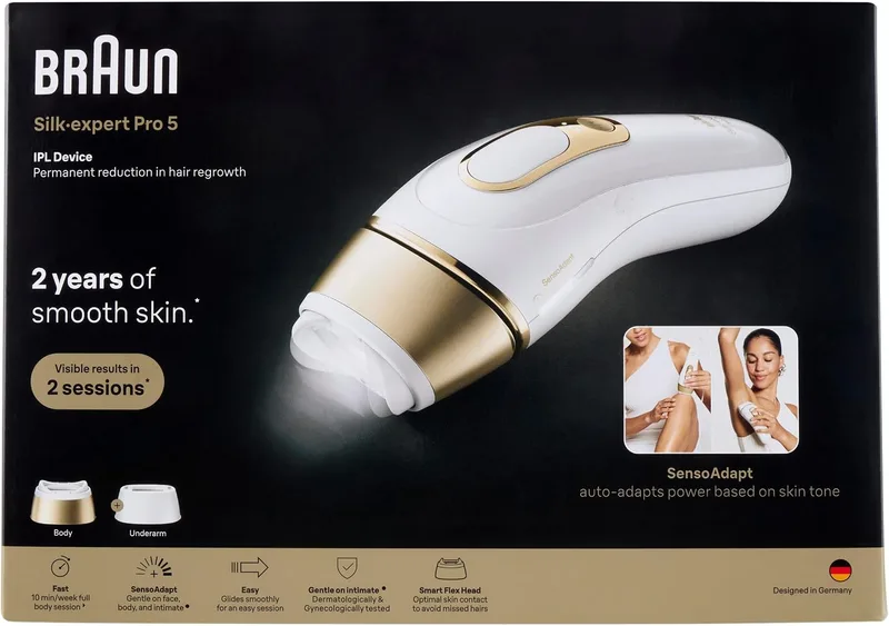 Procter & Gamble ▫️ Braun IPL Seda Inteligente·Expert Pro 5, depilação a laser para uso doméstico, depilação de longa duração, com bolsa, 2 bicos, PL5210