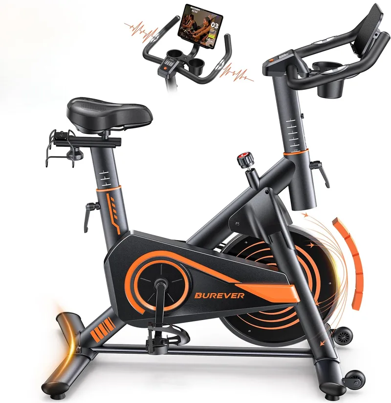 Burever ▫️ 2026 Bicicleta de exercício doméstica com APP, bicicleta de exercício silenciosa com resistência magnética 0-100%, ecrã LCD, suporte para halteres e suporte para copos, volante 15 KG, MAX 160KG