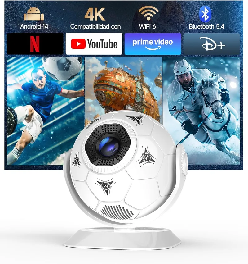 Magcubic ▫️ Mini-projetor portátil com suporte para 4K e 1080p, design de futebol a 360° – Projetor portátil para cinema em casa, Wi-Fi 6, Bluetooth 5.4, correção automática de distorção trapezoidal, projeção de curta distância, altifalante de 5 W para Smart TV, Android 14 HY300F