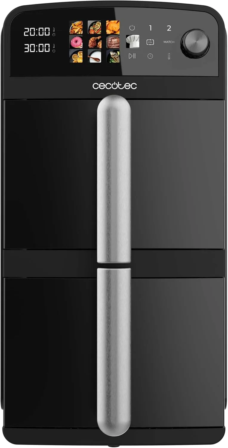 Cecotec ▫️ AirFryer 10L - AirFryer - Cecofry DuoLevel 10000. 2400W, 2 tabuleiros SuperSide de 5L, sincronização, 10 menus e painel tátil, cozinha 4 pratos de uma só vez, poupa espaço, é rápida e fácil