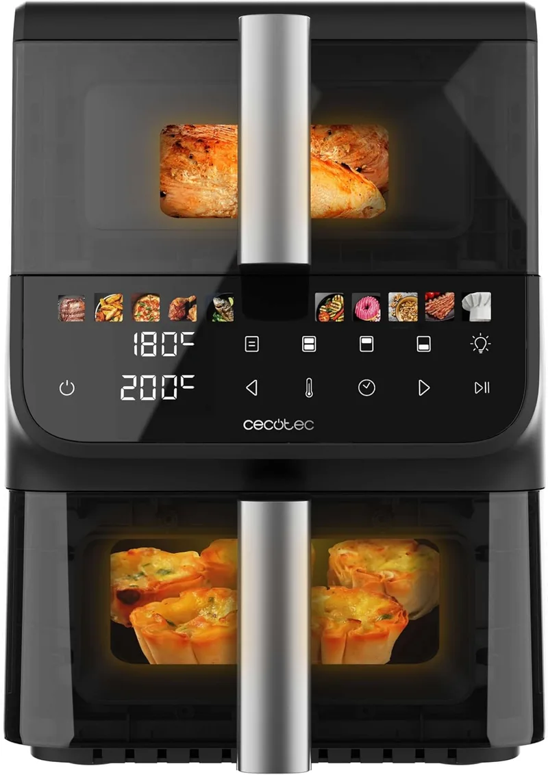 Cecotec ▫️ AirFryer 10L - AirFryer - Cecofry DuoLevel 10000 DuoSize Window. 2000W, Design Vertical, Tigelas de 3,5 e 6,5L, Janela de visualização sem perda de calor, Sincronização, 10 Menus, Economizador de espaço