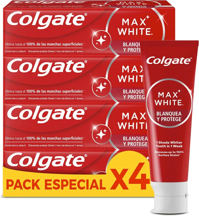 Colgate ▫️ Max White Whiten & Protect Toothpaste 4 x 75ml, pasta de dentes branqueadora, remove até 100% das manchas superficiais, dentes 1 tom mais brancos em 1 semana