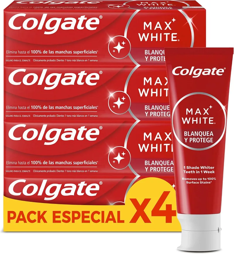 Colgate ▫️ Max White Branqueia e Protege Pasta de Dentes 4 x 75 ml, Pasta de Dentes Branqueadora, Elimina até 100% das Manchas Superficiais, Dentes 1 tom mais brancos em 1 semana