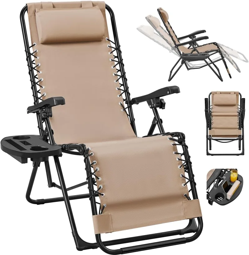 Yaheetech ▫️ Espreguiçadeira dobrável para exterior Espreguiçadeira de jardim portátil e leve Cadeira reclinável com tabuleiro lateral, espreguiçadeira de exterior fácil de deslocar (1 unidade bege)
