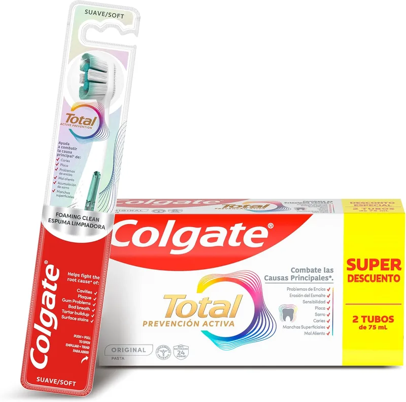 Colgate ▫️ Total Active Prevention Pasta de Dentes Original 2x75ml + Escova de Dentes Total Foaming Toothbrush - Proteção Antibacteriana 24h - Limpeza Profunda
