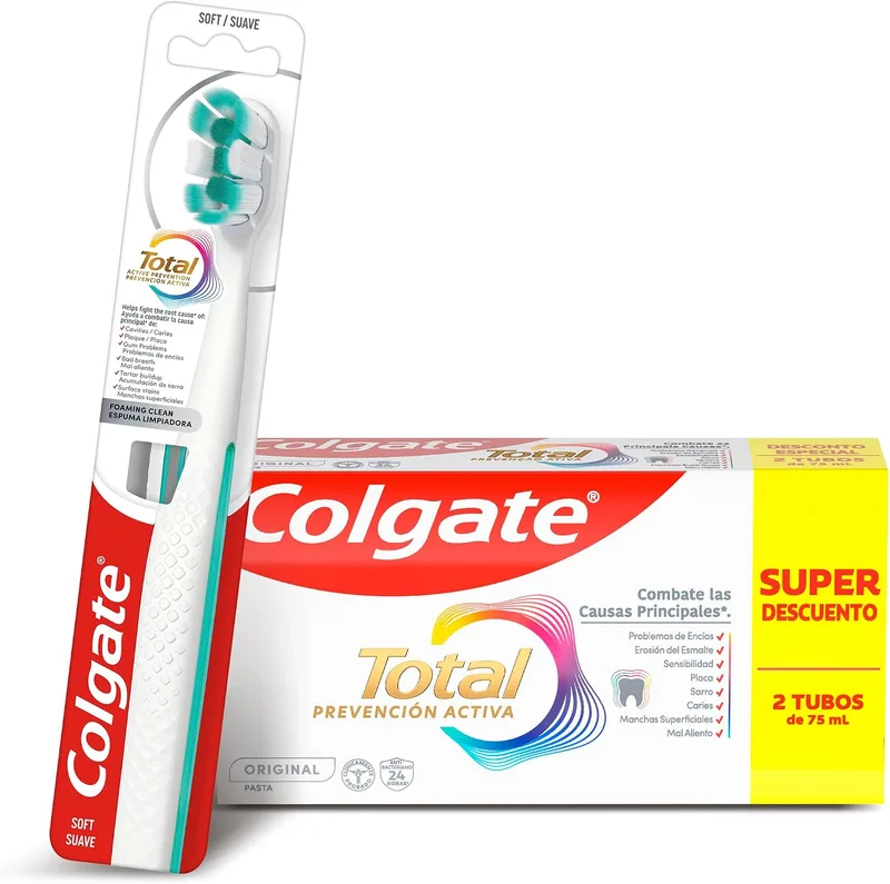 Colgate ▫️ Conjunto de Pastas Dentífricas e Escova de Dentes Total Prevenção Ativa