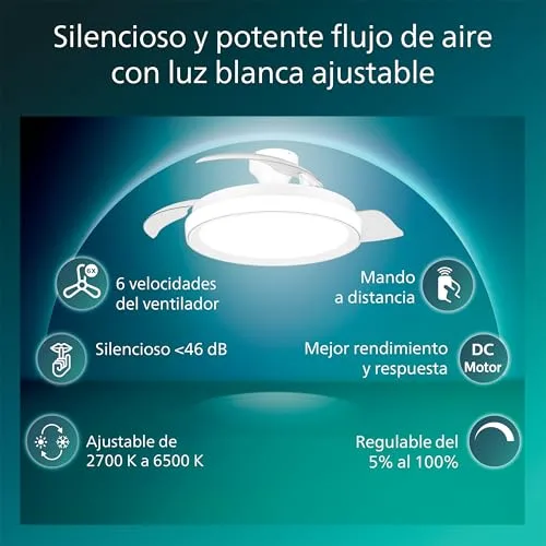 Philips ▫️ Bliss Lâmpada de teto com ventilador de pás retráteis LED, 3 pás, 106 cm de envergadura, 4500 lúmenes, luz branca ajustável de 3000 K a 6500 K, intensidade regulável até 5%, comando à distância, branco 2