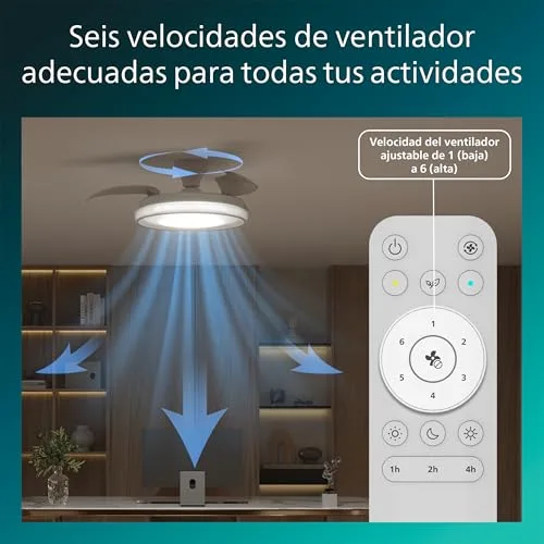 Philips ▫️ Bliss Lâmpada de teto com ventilador de pás retráteis LED, 3 pás, 106 cm de envergadura, 4500 lúmenes, luz branca ajustável de 3000 K a 6500 K, intensidade regulável até 5%, comando à distância, branco 4
