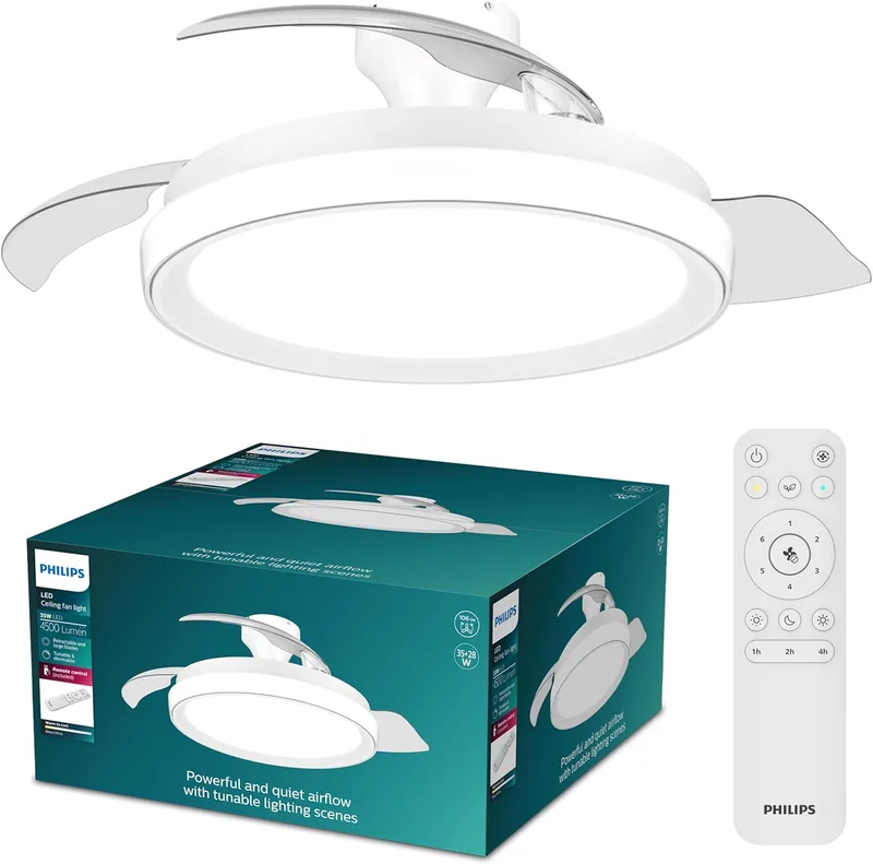 Philips ▫️ Bliss Lâmpada de teto com ventilador de pás retráteis LED, 3 pás, 106 cm de envergadura, 4500 lúmenes, luz branca ajustável de 3000 K a 6500 K, intensidade regulável até 5%, comando à distância, branco