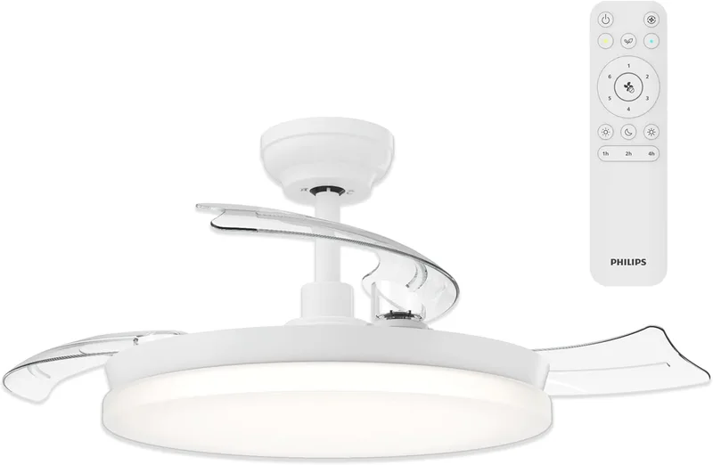 PHILIPS ▫️ Solr Lâmpada de teto com ventilador de pás retráteis e LED, 3 pás, 106 cm, 4500 lúmenes, luz branca com três tonalidades (2700 K/4000 K/5500 K), intensidade regulável até 10%, comando à distância, branco
