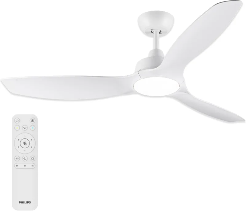 Philips ▫️ Ventilador de teto Olas com luz LED, 3 pás fixas, 132 cm de diâmetro, 2650 lúmenes, luz branca ajustável de 3000 K a 6500 K, regulável até 5%, controlo remoto incluído, branco
