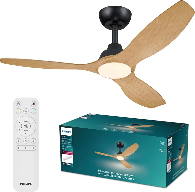Philips ▫️ Ventilador de teto Olas com luz LED, 3 pás, 132 cm de diâmetro, 2650 lúmenes, luz branca ajustável de 3000 K a 6500 K, regulável para 5%, controlo remoto, preto/madeira, incluído