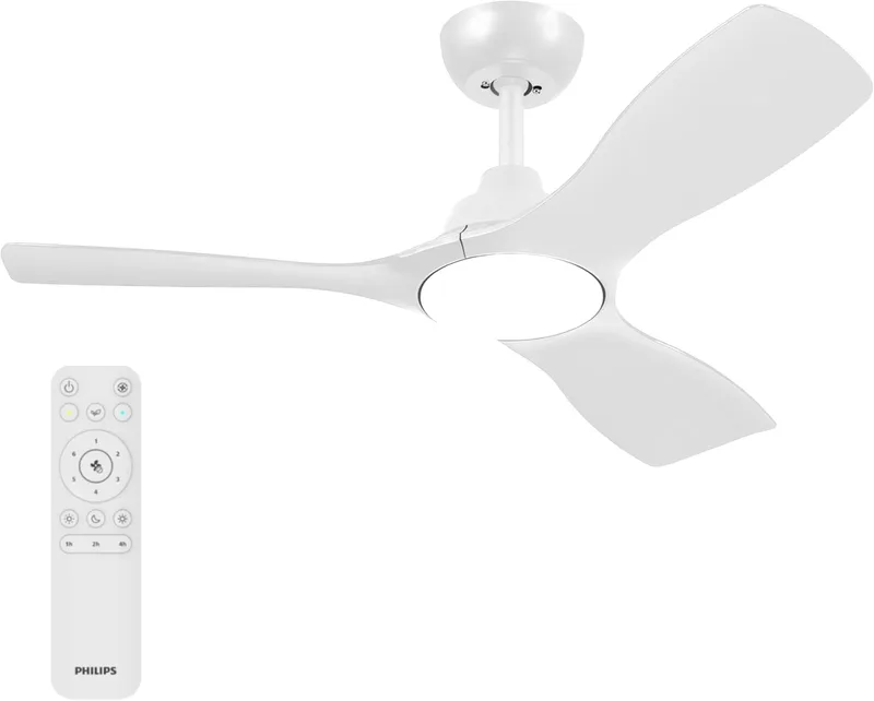 PHILIPS ▫️ Ventilador de teto Olas com luz LED, 3 pás fixas, diâmetro de 107 cm, 2650 lúmenes, luz branca ajustável de 3000 K a 6500 K, intensidade regulável até 5%, comando à distância incluído, branco