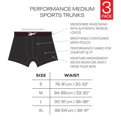 Reebok ▫️ Cuecas boxer Glynn para homem, Conjunto de 3 cuecas desportivas, respiráveis e elásticas, Conjunto de cuecas boxer, cor preta 7