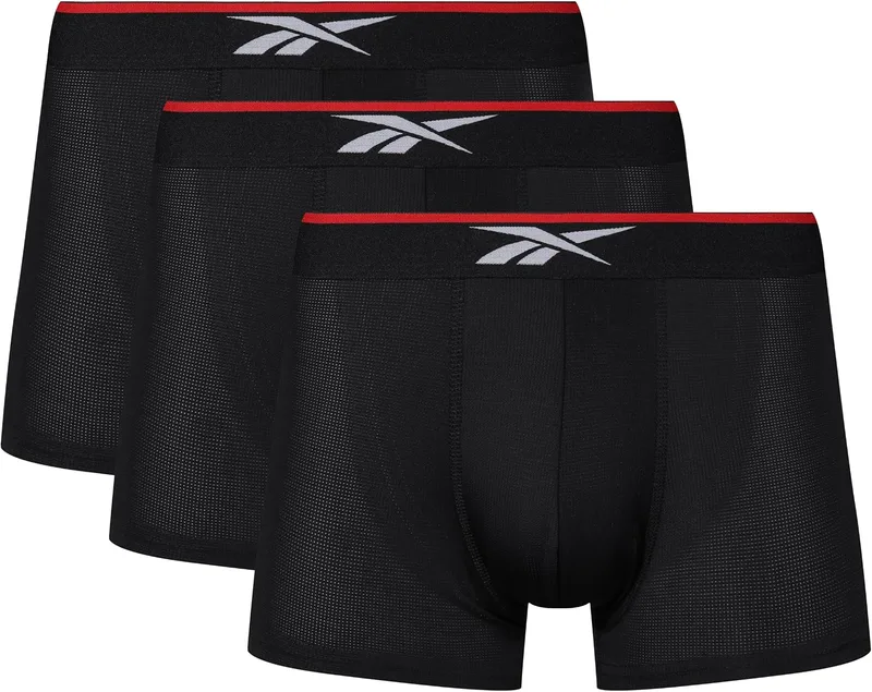 Reebok ▫️ Cuecas boxer Glynn para homem, Conjunto de 3 cuecas desportivas, respiráveis e elásticas, Conjunto de cuecas boxer, cor preta