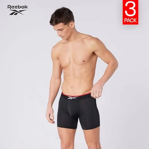 Reebok ▫️ Cuecas boxer Glynn para homem, Conjunto de 3 cuecas desportivas, respiráveis e elásticas, Conjunto de cuecas boxer, cor preta 2