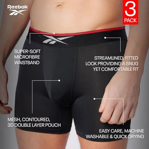 Reebok ▫️ Cuecas boxer Glynn para homem, Conjunto de 3 cuecas desportivas, respiráveis e elásticas, Conjunto de cuecas boxer, cor preta 4