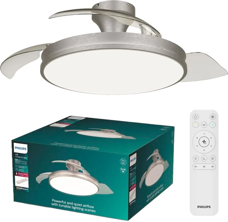 PHILIPS ▫️ Candeeiro de teto de lâminas retrácteis LED Atlas com ventoinha, 3 lâminas, 106 cm de alcance, 4500 lúmenes, luz branca ajustável de 3000 K a 6500 K, regulável até 5%, controlo remoto, níquel