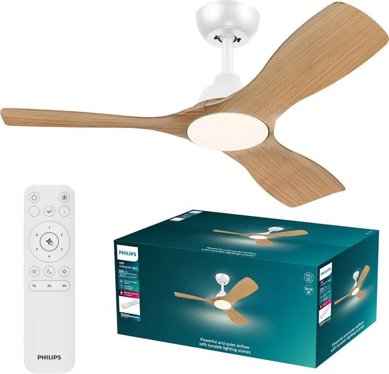 Philips ▫️ Ventilador de teto Olas com luz LED, 3 pás, 107 cm de diâmetro, 2650 lúmenes, luz branca ajustável de 3000 K a 6500 K, regulável para 5%, controlo remoto, branco/madeira, incluído