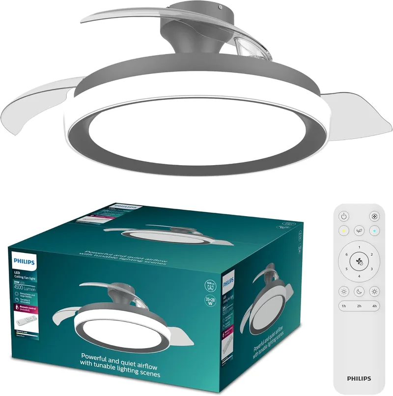 Philips ▫️ Candeeiro de teto de lâminas retrácteis LED Bliss com ventoinha, 3 lâminas, 106 cm de largura, 4500 lúmenes, luz branca ajustável de 3000 K a 6500 K, regulável para 5%, controlo remoto, preto