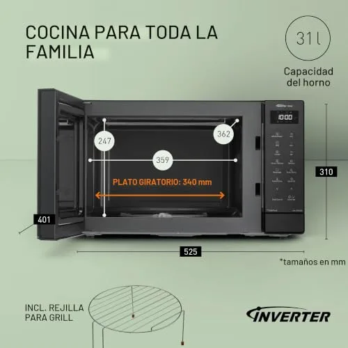 Panasonic ▫️ NN-GT65QBEPG Micro-ondas combinado de 31 L com grelha, 1000 W, cozedura combinada, 7 níveis de potência, descongelação turbo, LED, prato giratório, preto 3