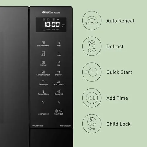 Panasonic ▫️ NN-GT65QBEPG Micro-ondas combinado de 31 L com grelha, 1000 W, cozedura combinada, 7 níveis de potência, descongelação turbo, LED, prato giratório, preto 7