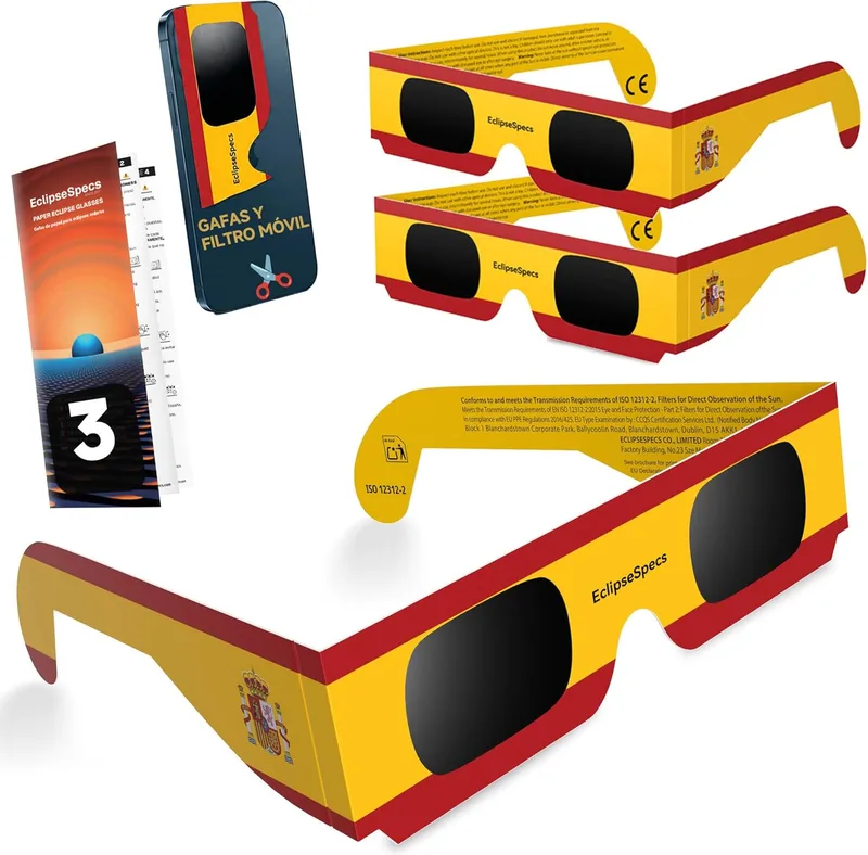 EclipseSpecs ▫️ Pacote de 3/5/10/25 Óculos para eclipse solar Aprovado pela ISO12312-2 e certificado pela CE - Seguro para observação direta, Óculos para visualização do eclipse solar, Eclipse total 2026, Bandeira espanhola