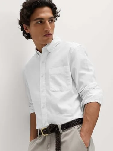 Marks & Spencer ▫️ Camisa de mistura de algodão e linho para homem, corte normal, gola com botão 2