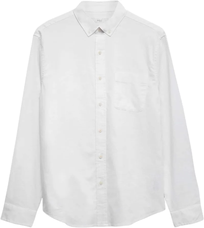 Marks & Spencer ▫️ Camisa de mistura de algodão e linho para homem, corte normal, gola com botão