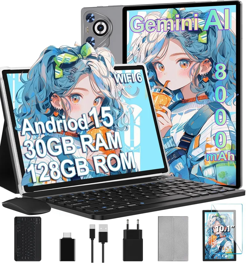 Dghrti ▫️ Tablet Android 15, 30GB RAM 128GB ROM (TF 2TB expansível), 10 polegadas, 8000mAh, 5G WIFI, GPS/BT5.0/OTG, Face ID, Widevine L1, Tablet de corpo metálico com teclado, rato e capa protetora - Cinzento