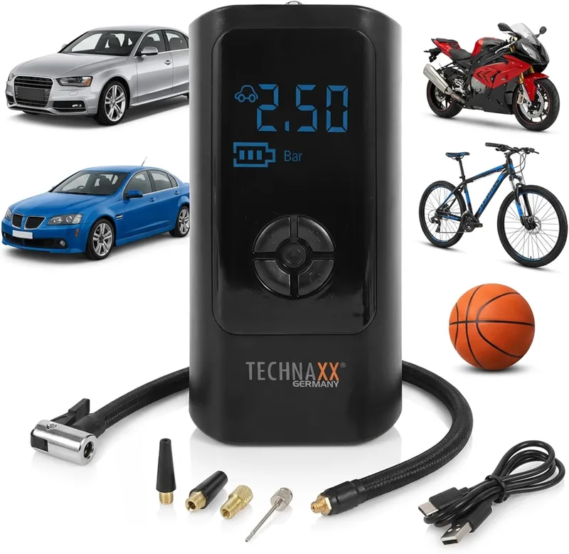Technaxx ▫️ Compressor de ar elétrico para automóvel – Inflador de pneus portátil com ecrã digital, desligamento automático, luz LED, compressor a bateria para automóvel, mota, bicicleta e bolas – TX-370