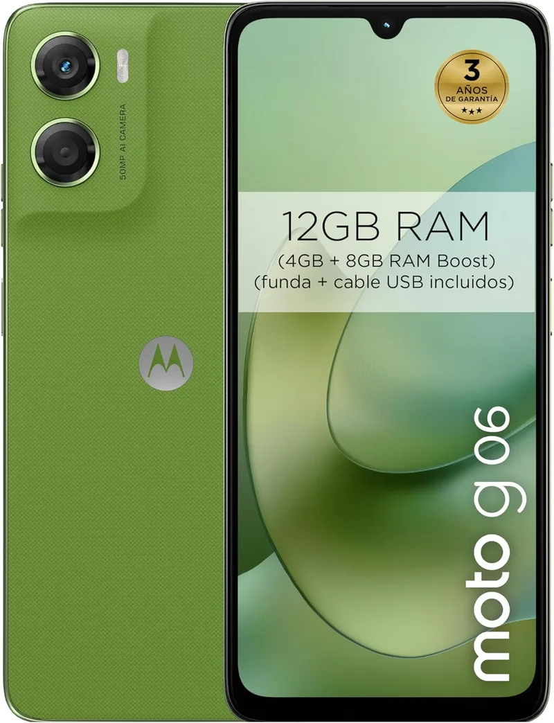Motorola ▫️ Moto G06 12 GB (4 GB + 8 GB RAM Boost)/256 GB, cor PANTONE TENDRIL, ecrã grande de 6,88" com som Dolby Atmos®, sistema de câmara com IA de 50 MP, proteção contra a água IP64, bateria de 5100 mAh