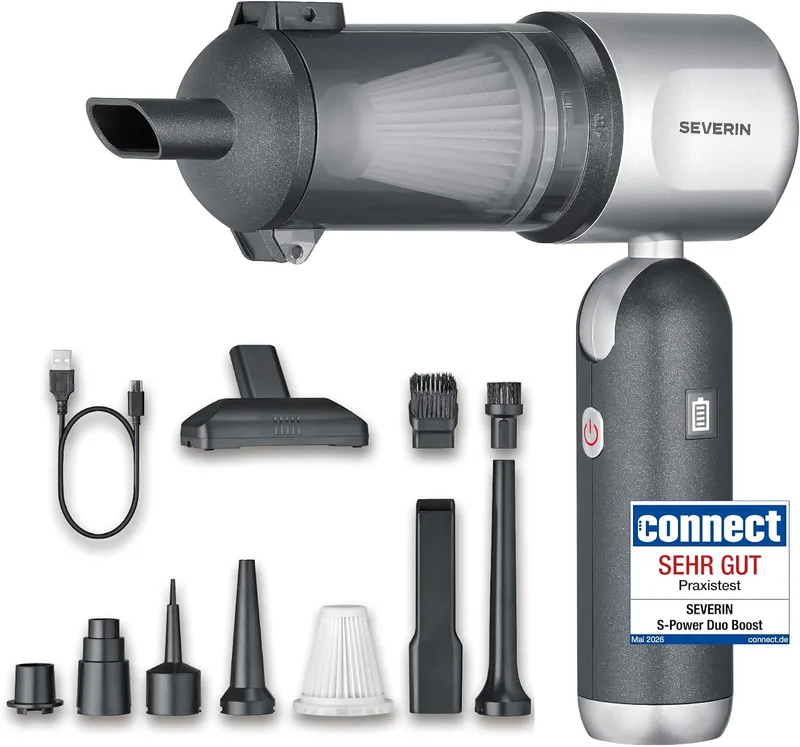 Severin ▫️ Aspirador de mão 3 em 1, potente aspirador, soprador de ar e inflador, 120 W, 17 000 Pa, 3 níveis, 240 000 rpm, S-Power Duoboost, antracite, HV 7149