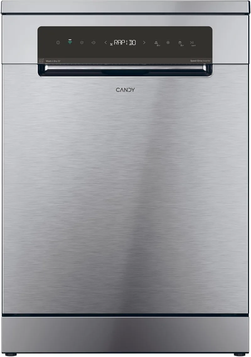 CANDY ▫️ Rapidò CNF 4A4S3PSX Máquina de lavar louça 60 cm, 14 serviços, ecrã digital, Wi-Fi, 10 programas, terceira bandeja, arranque diferido, indicador de sal e abrilhantador, 44 dB, aço inoxidável