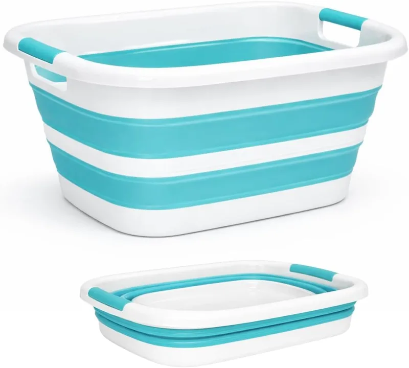 edihome ▫️ Cesto Dobrável 26 L – Cesto para Roupa Lavada em Plástico e Silicone com Alças, Cesto Multiusos para a Máquina de Lavar até ao Estendal, Cesto de Roupa e Arrumação Doméstica (Turquesa, M)