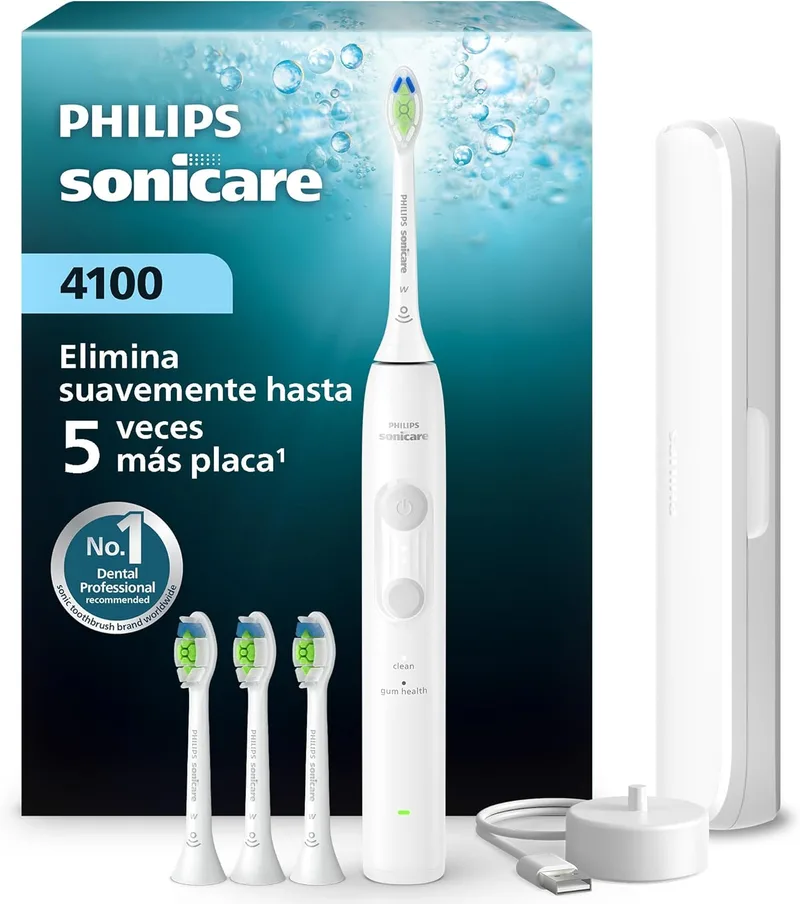 Philips ▫️ Sonicare Série 4100 - Escova de dentes sónica - Escova de dentes sónica com sensor de pressão, 4 definições de escovagem, EasyStart, SmarTimer, tempo de escovagem de 21 dias, estojo de arrumação, branco, HX4046/41, [Novo].