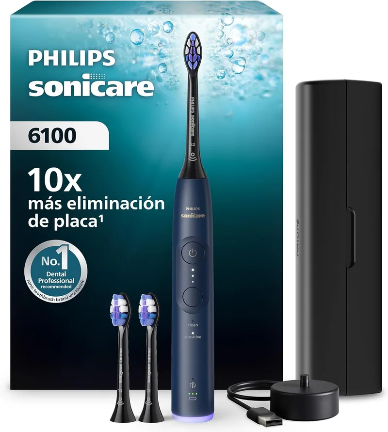 Philips ▫️ Escova de dentes eléctrica Sonicare Série 6100 - Tecnologia de última geração, sensor de pressão, 6 definições, SmarTimer, BrushPacer, duração da escovagem de 21 dias, estojo de viagem, azul-marinho, HX7403/07