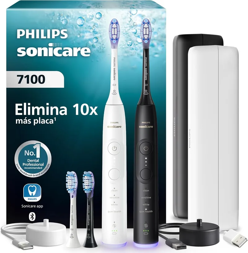 Philips ▫️ Escova de dentes eléctrica Sonicare Série 7100 - Tecnologia da próxima geração, sensor de pressão, 12 regulações, tempo de escovagem de 21 dias, estojo de carregamento opcional, preto e branco, embalagem dupla, HX7429/04