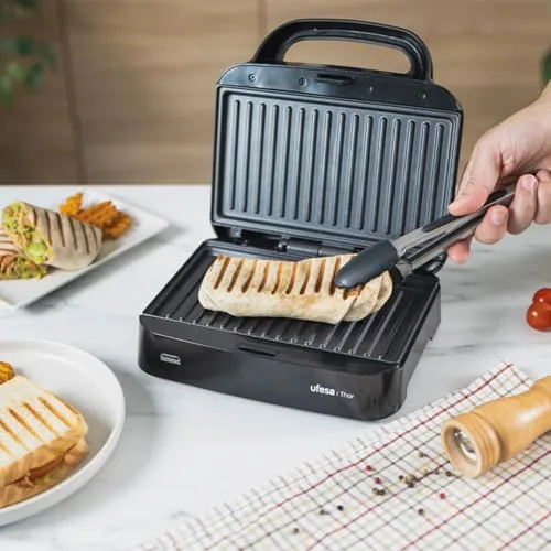 Ufesa ▫️ Sanduicheira Thor Compacta 750 W, placas de grelhar antiaderentes, capacidade para 2 paninis, controlo automático da temperatura, armazenamento vertical, sem PFOA, cozinha saudável, sistema de arrumação de cabos 2