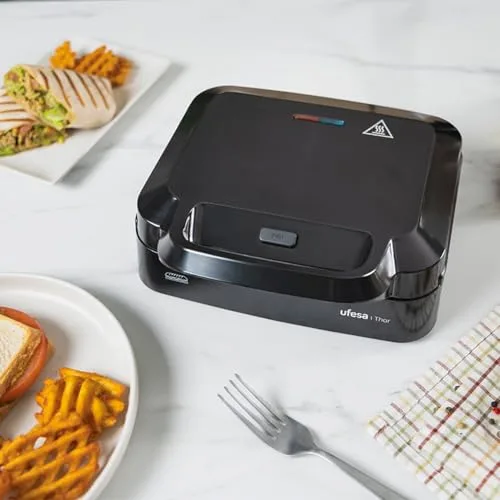 Ufesa ▫️ Sanduicheira Thor Compacta 750 W, placas de grelhar antiaderentes, capacidade para 2 paninis, controlo automático da temperatura, armazenamento vertical, sem PFOA, cozinha saudável, sistema de arrumação de cabos 4