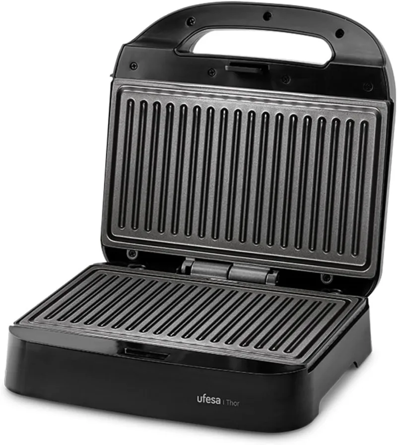 Ufesa ▫️ Sanduicheira Thor Compacta 750 W, placas de grelhar antiaderentes, capacidade para 2 paninis, controlo automático da temperatura, armazenamento vertical, sem PFOA, cozinha saudável, sistema de arrumação de cabos