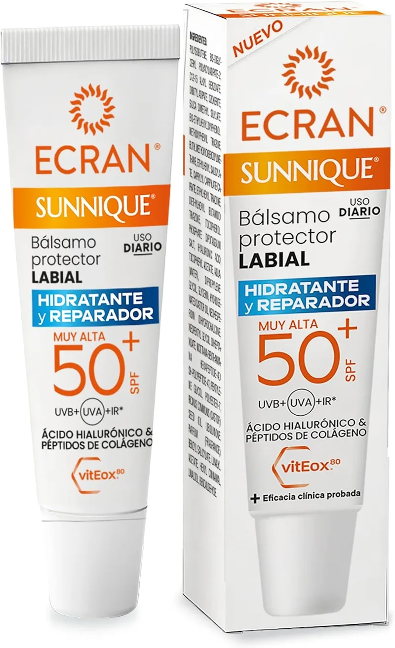 Ecran ▫️ Sunnique Bálsamo Labial Protetor SPF 50+ - Hidratante e Reparador com Ácido Hialurónico e Péptidos de Colagénio - 10 ml